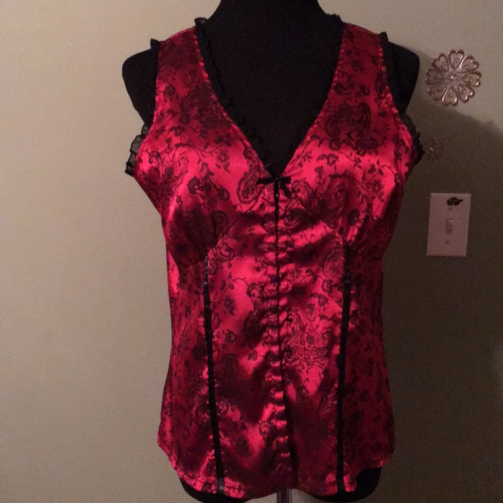 Sultry red and black blouse with lace trim